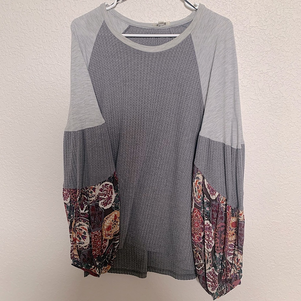 UMGEE Boho Balloon Sleeve Waffle Knit Mixed
Material Top Blouse